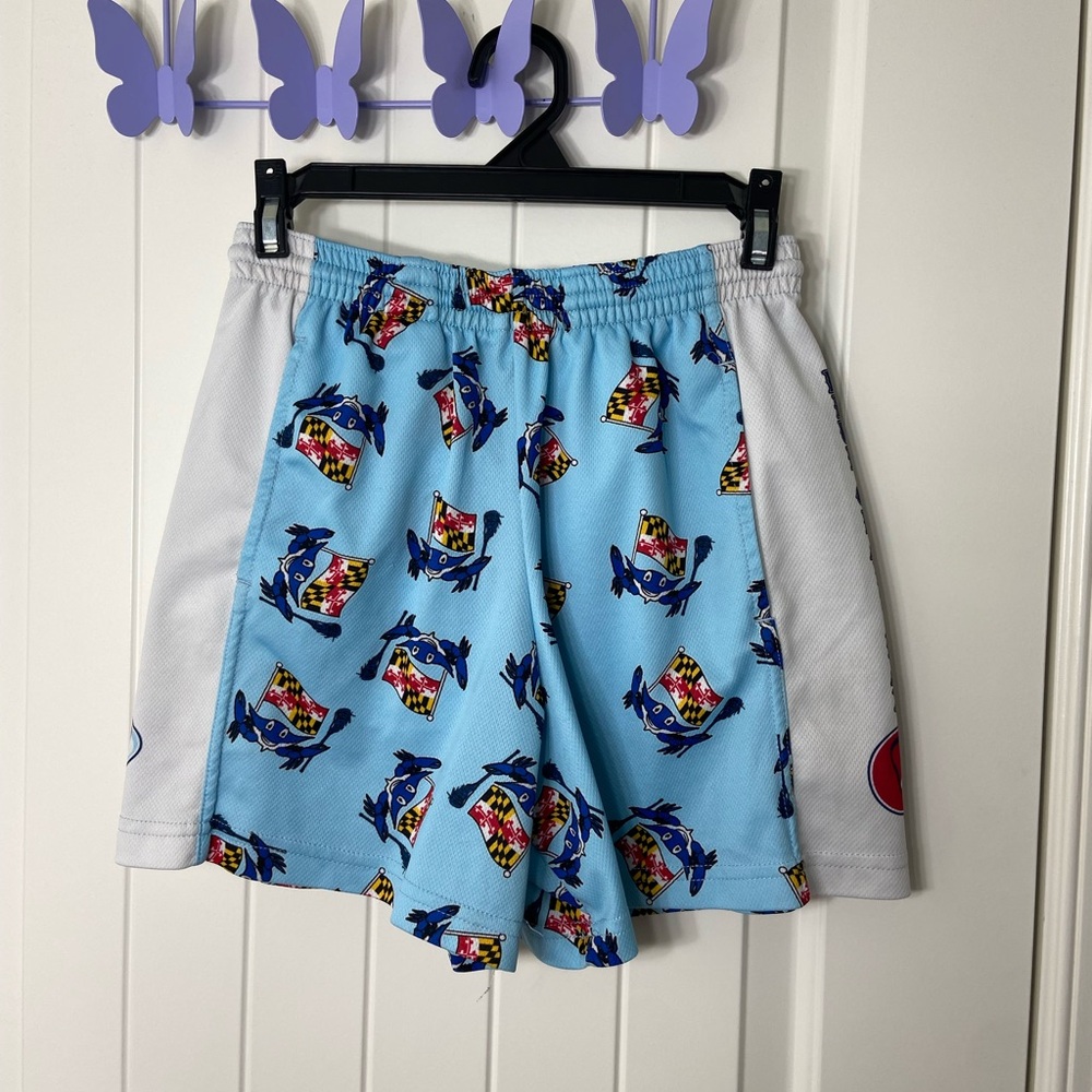 LAX WORLD women’s blue crab lacrosse elastic waist stretch athletic shorts small